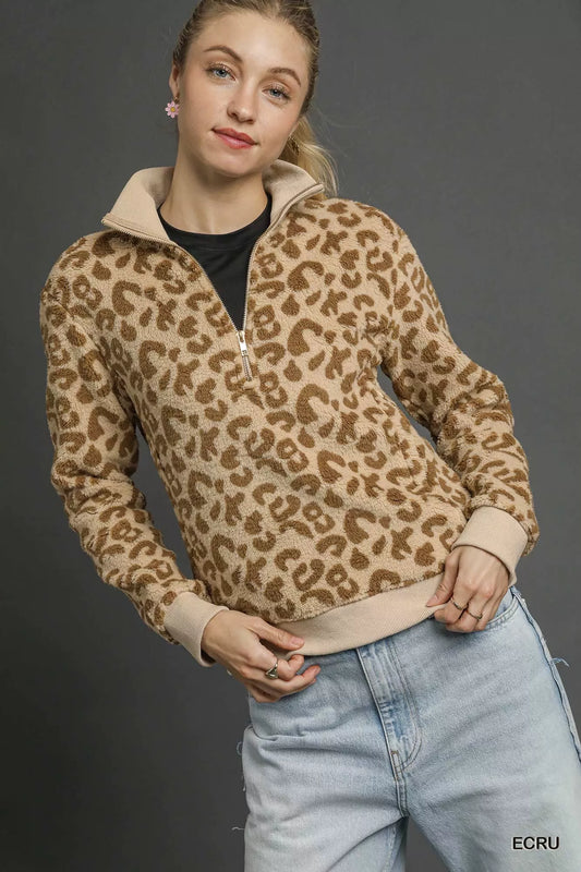 Umgee Leopard Print Quarter-Zip Sweatshirt - Tigbul's Variety Fashion Shop