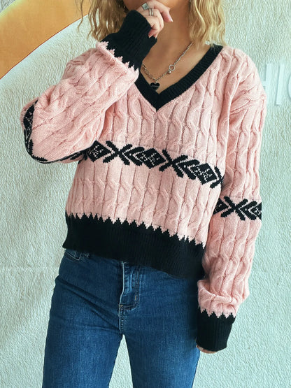 Cable Knit V-Neck Sweater - Tigbul's Variety Fashion Shop