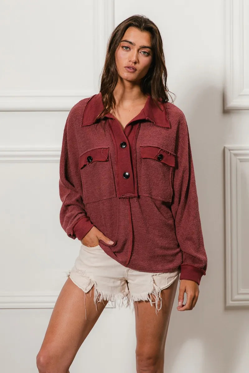 BiBi Cp French Terry Cut Edge Detail Collared Top - Tigbul's Variety Fashion Shop