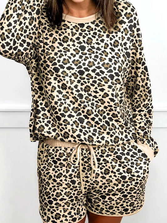 Leopard Print Contrast Trim Long Sleeve Pullover and Drawstring Shorts 2pcs Outfit - Tigbul's Variety Fashion Shop