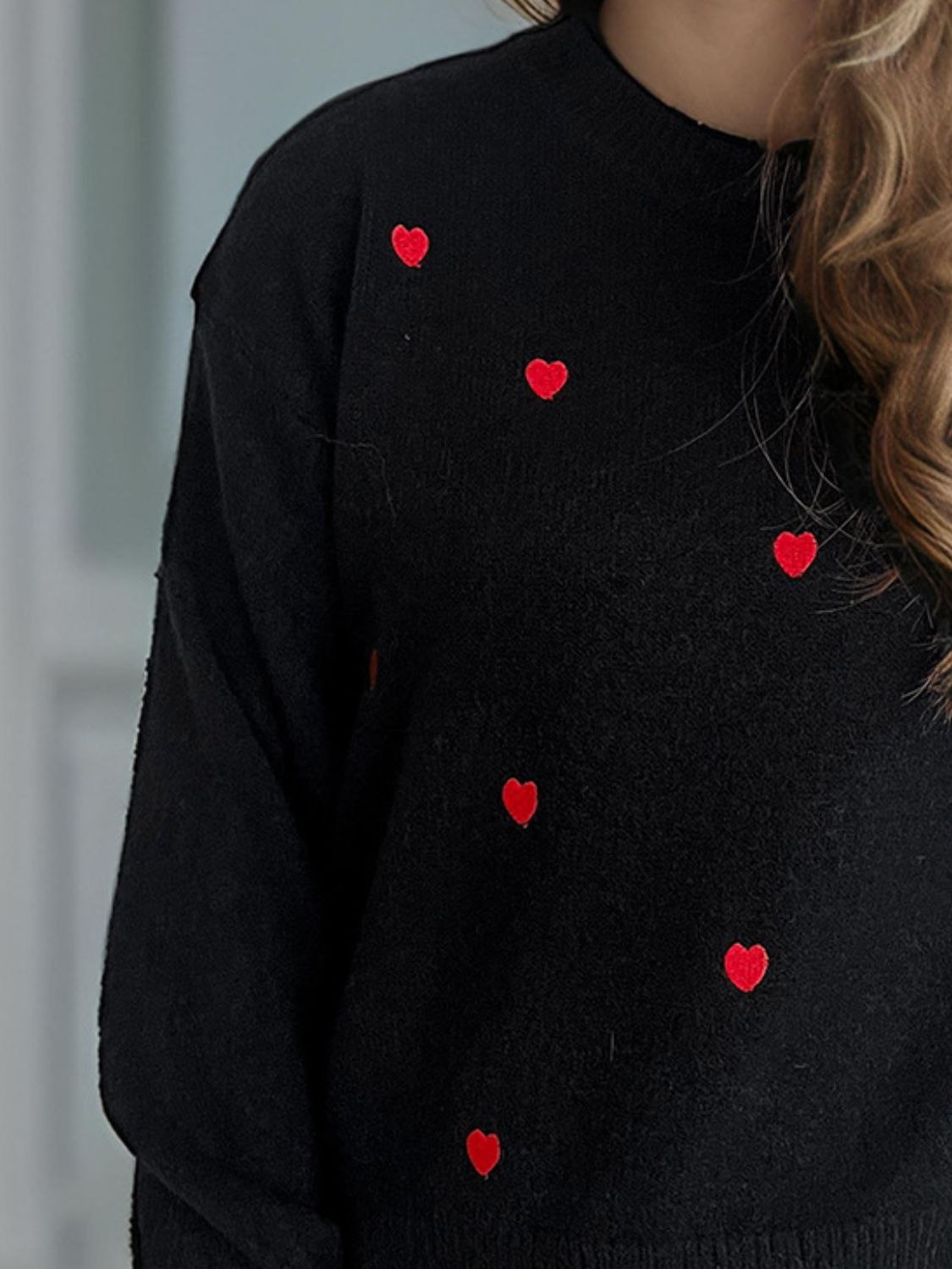 Heart Round Neck Long Sleeve Sweater - Tigbul's Variety Fashion Shop