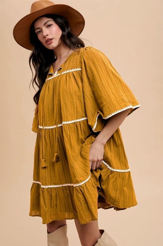 Tassel Contrast Trim Tie Neck Half Sleeve Tiered Dress - Tigbul's Variety Fashion Shop