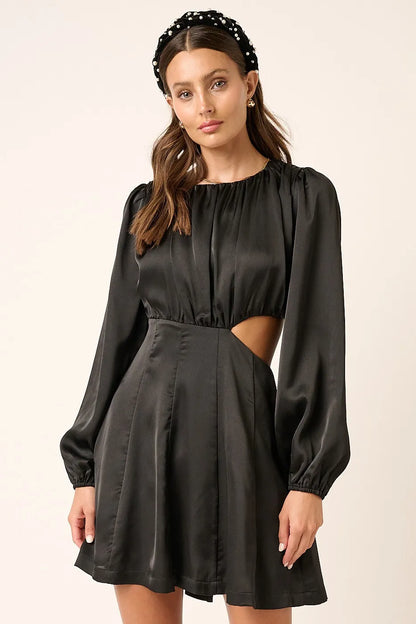 Black Satin Side Cutout Detail Mini Dress - Tigbul's Variety Fashion Shop