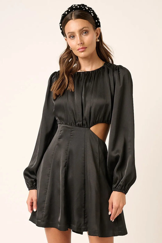 Black Satin Side Cutout Detail Mini Dress - Tigbul's Variety Fashion Shop