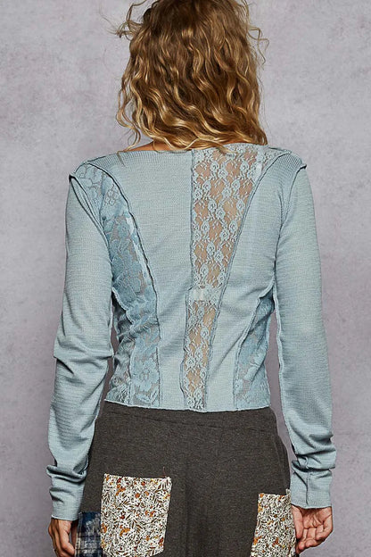 POL Lace Patchwork Long Sleeve T-Shirt - Tigbul's Variety Fashion Shop