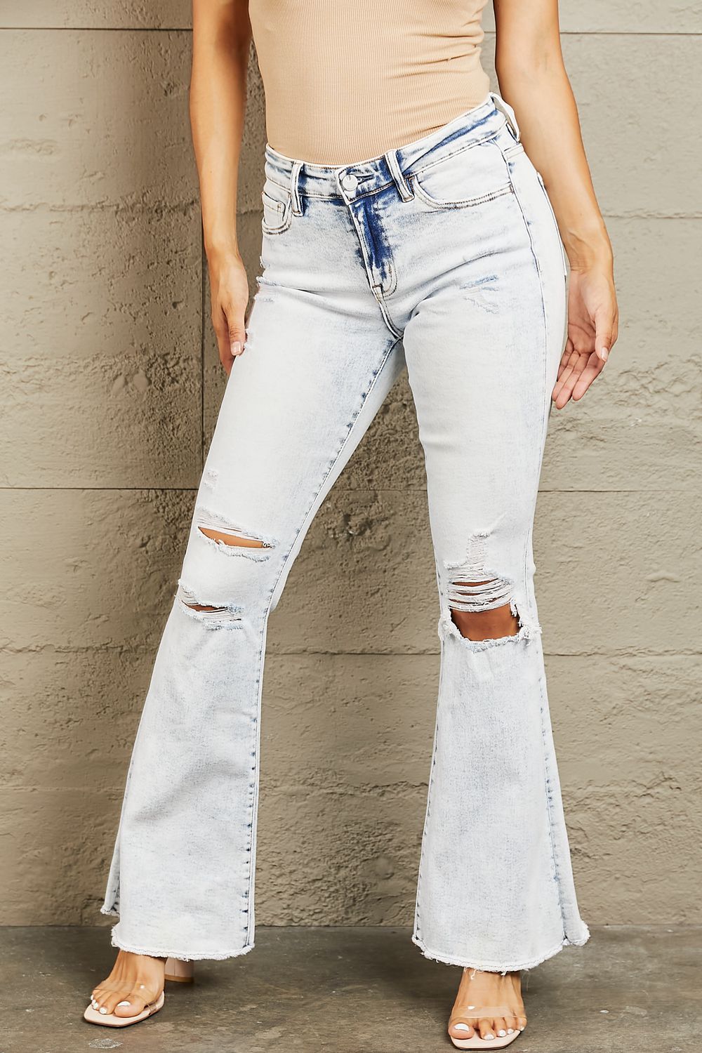 Size 28 Mid Rise Acid Wash Distressed Flare Jeans | Tigbul Variety Fashion
