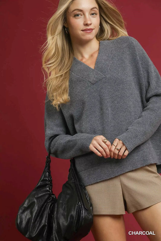 Umgee V-Neck Sweater with Wide Trim Detail - Tigbul's Variety Fashion Shop