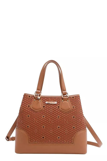 Nicole Lee USA Monogram Pattern Handbag with Rhinestones Decor - Tigbul's Variety Fashion Shop