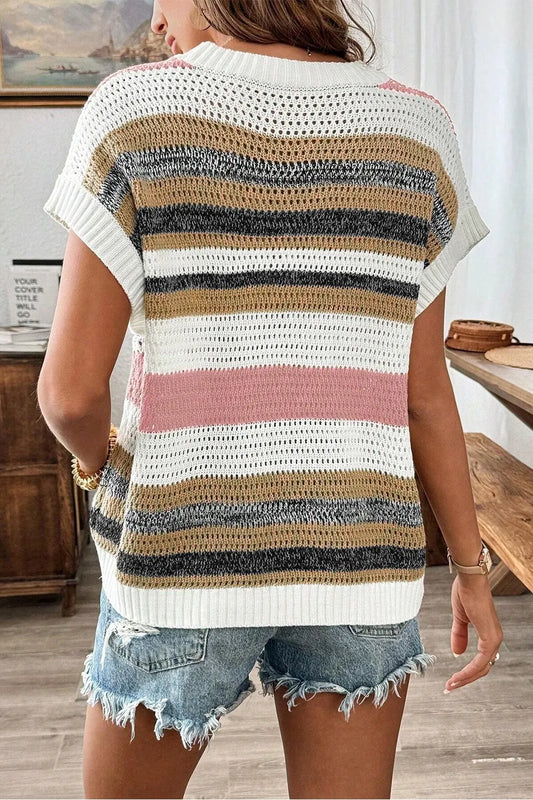 Stripe Color Block Eyelet Knit Short Sleeve Knit Top - Tigbul's Variety Fashion Shop