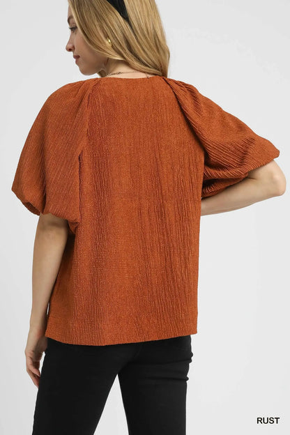 Umgee Textured Flutter Sleeve Notch Neck Top - Tigbul's Variety Fashion Shop