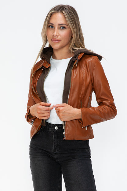 Faux Leather Zip Up Drawstring Hooded Jacket in Camel