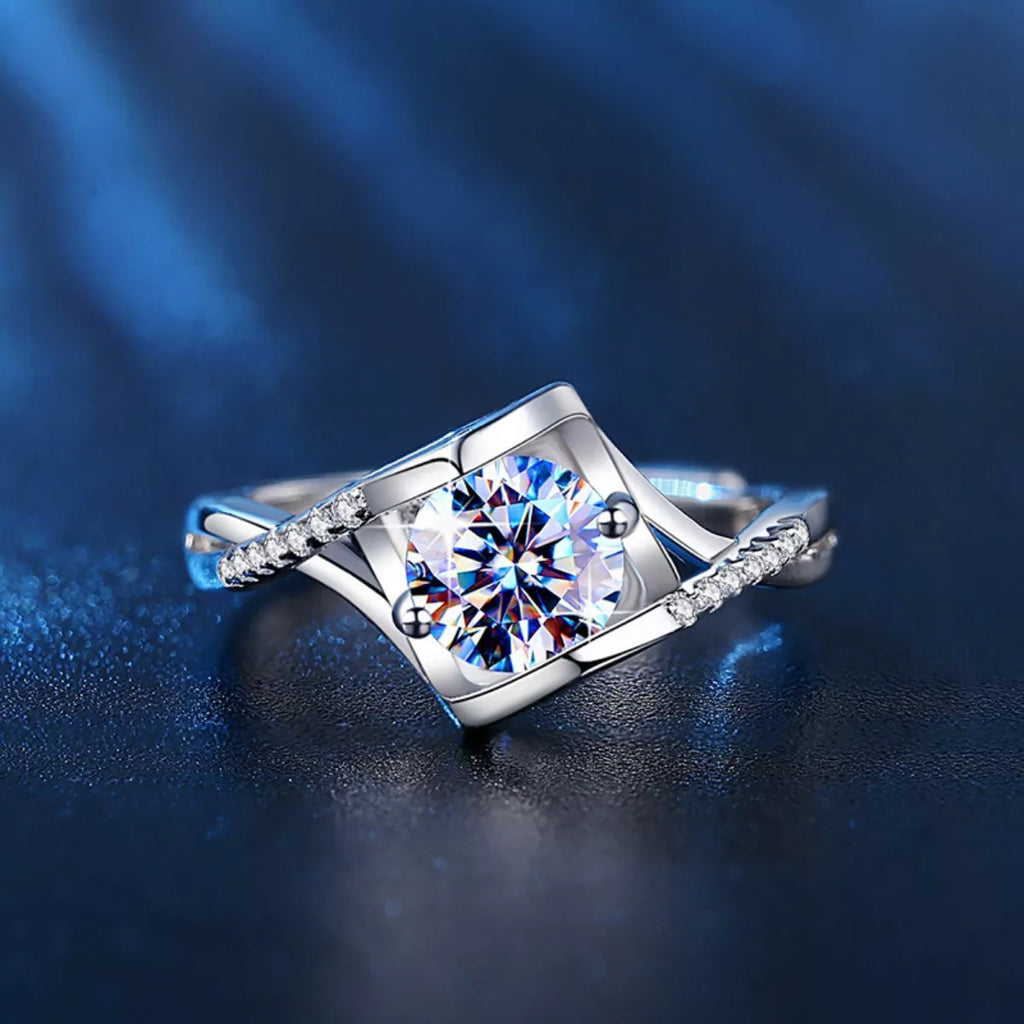1 carat moissanite ring in 925 sterling silver with pavé halo and side stones