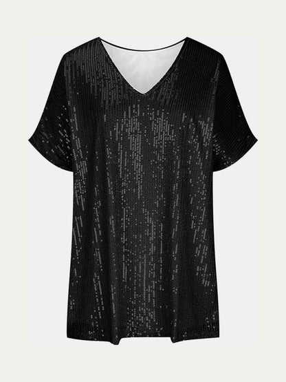 Sequin V-Neck Short Sleeve Top Blouse, Small to 3XL - Tigbul's Variety Fashion Shop