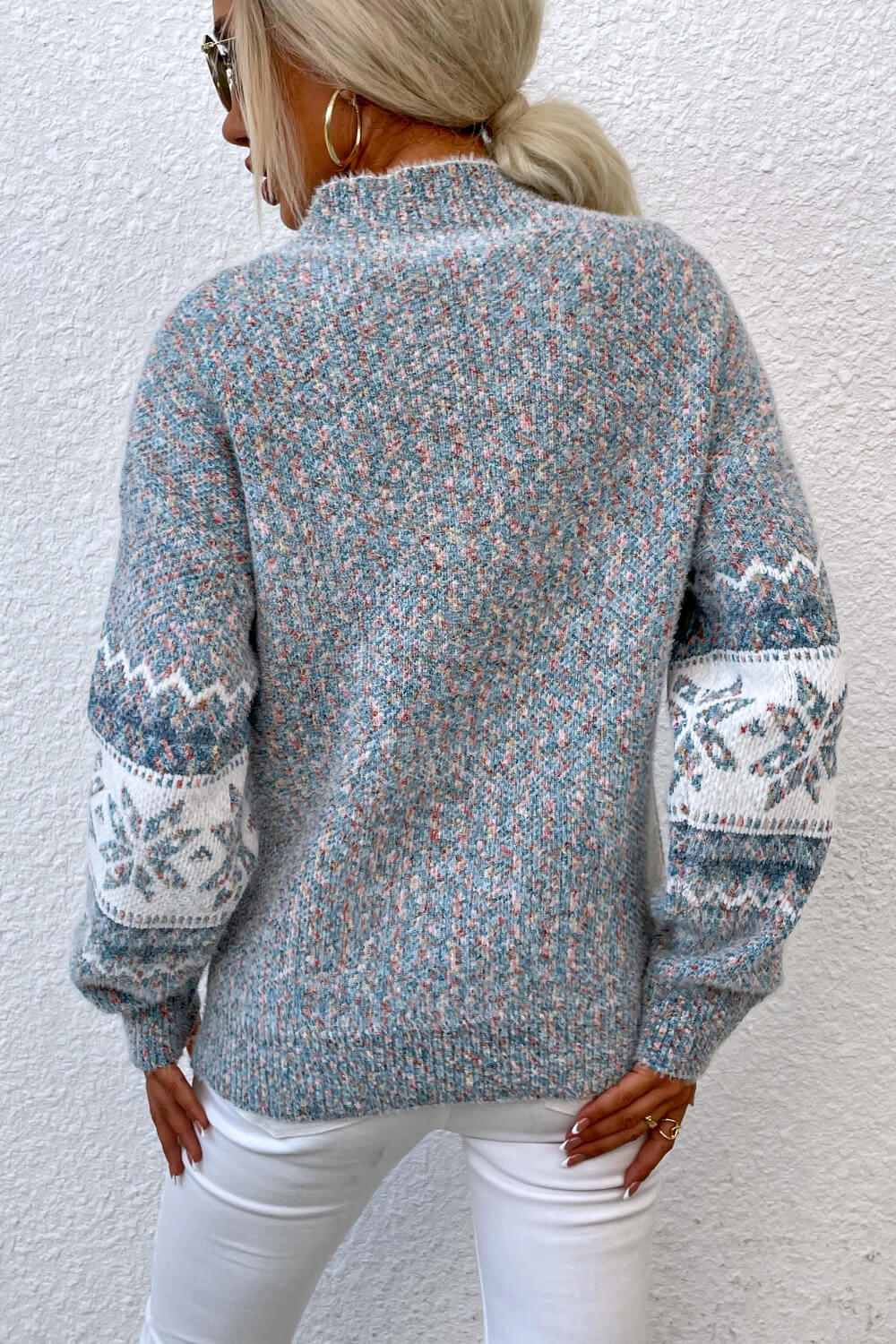 Snowflake Pattern Mock Neck Sweater - Tigbul's Variety Fashion Shop