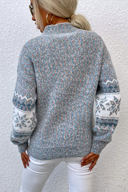 Snowflake Pattern Mock Neck Sweater - Tigbul's Variety Fashion Shop