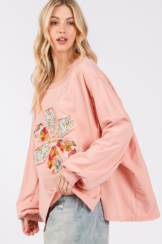 Pink Flower Patch Dropped Shoulder Oversize Top - Tigbul's Variety Fashion Shop