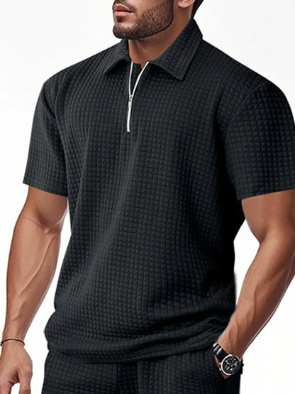 Men's Full Size Waffle Short Sleeve Polo with Zipper Detail Plus Size - Tigbul's Variety Fashion Shop