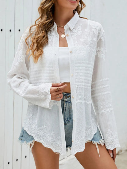 Button Down Collared Neck Long Sleeve Shirt - Tigbul's Variety Fashion Shop