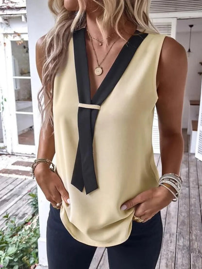 V-Neck Contrast Tank Shirt - Tigbul's Variety Fashion Shop