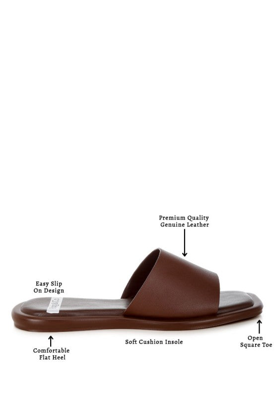 Brown slide sandal with square toe, soft cushioned insole