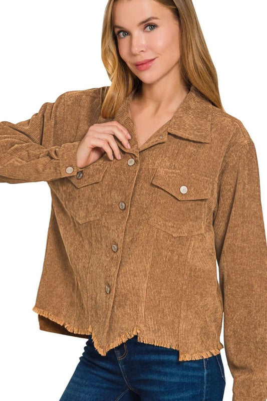 Zenana Distressed Corduroy Frayed Hem Cropped Jacket - Tigbul's Variety Fashion Shop
