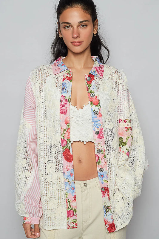 POL Lace Long Sleeve Shirt with Floral and Striped Pattern - Tigbul's Variety Fashion Shop