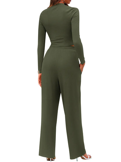 Round Neck Long Sleeve Top and Pants Set - Tigbul's Variety Fashion Shop