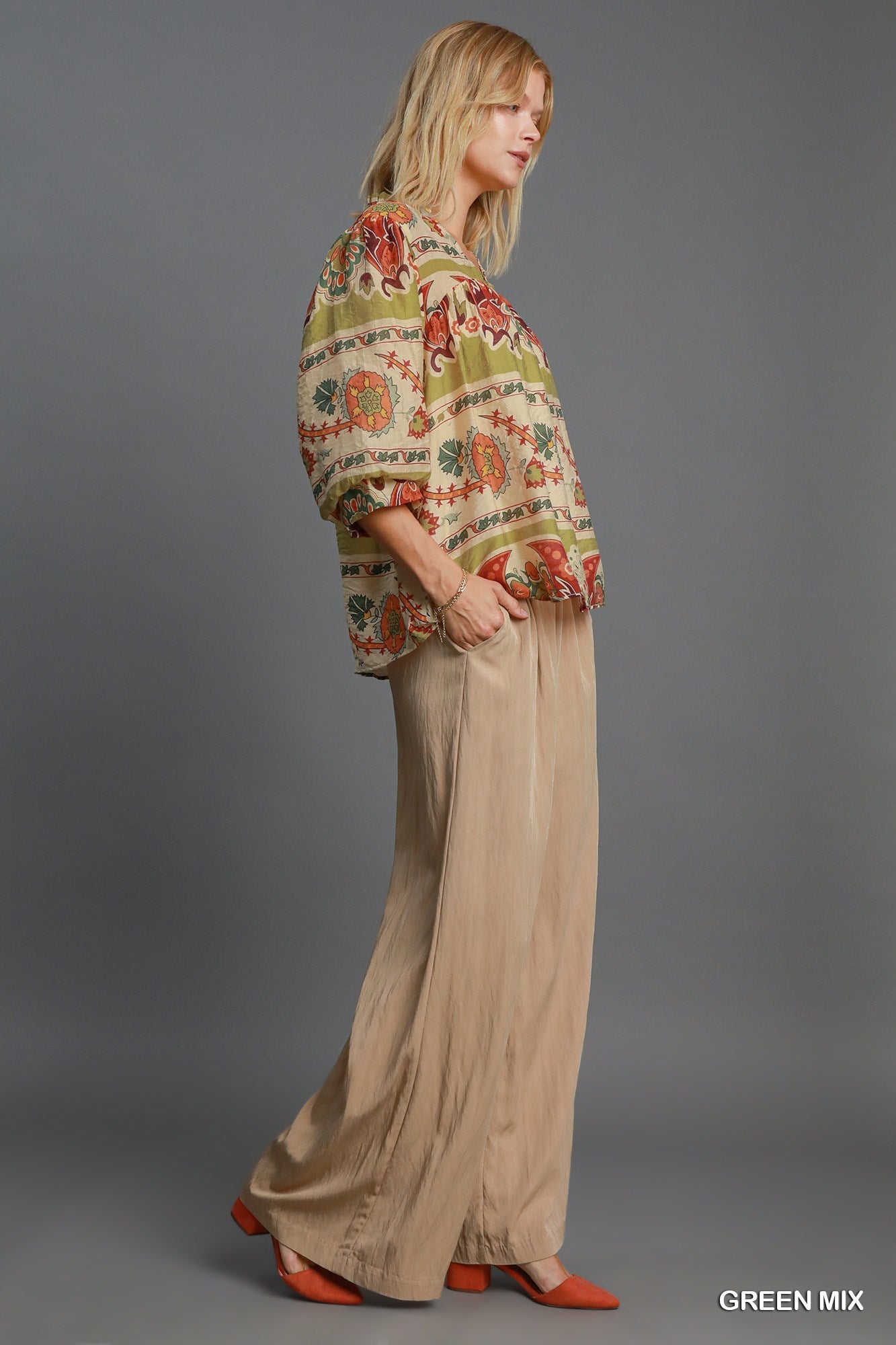 Umgee Full Size Border Print Notched 3/4 Puff Sleeve Blouse Plus Size - Tigbul's Variety Fashion Shop