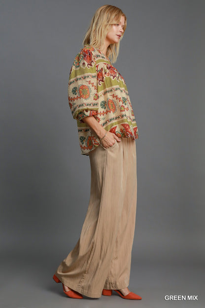 Umgee Full Size Border Print Notched 3/4 Puff Sleeve Blouse Plus Size - Tigbul's Variety Fashion Shop