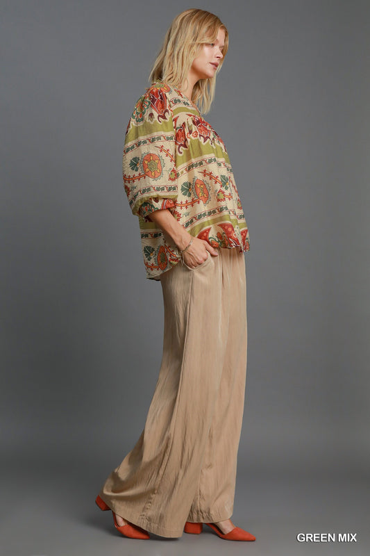 Umgee Full Size Border Print Notched 3/4 Puff Sleeve Blouse Plus Size - Tigbul's Variety Fashion Shop