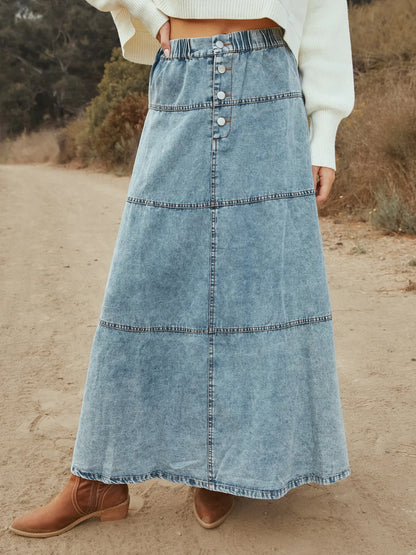 Button-Front Tiered Maxi Denim Skirt - Tigbul's Variety Fashion Shop