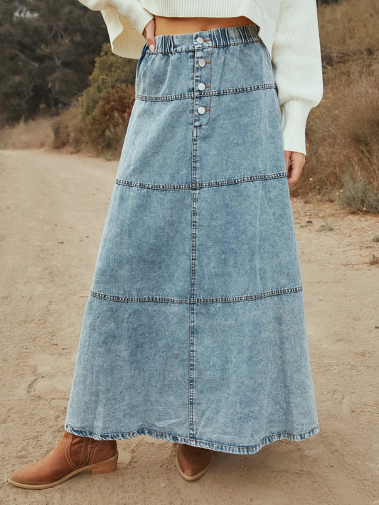 Button-Front Tiered Maxi Denim Skirt - Tigbul's Variety Fashion Shop