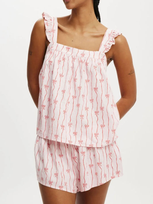 Bow Print Square Neck Cami and Shorts Lounge Set - Tigbul's Variety Fashion Shop