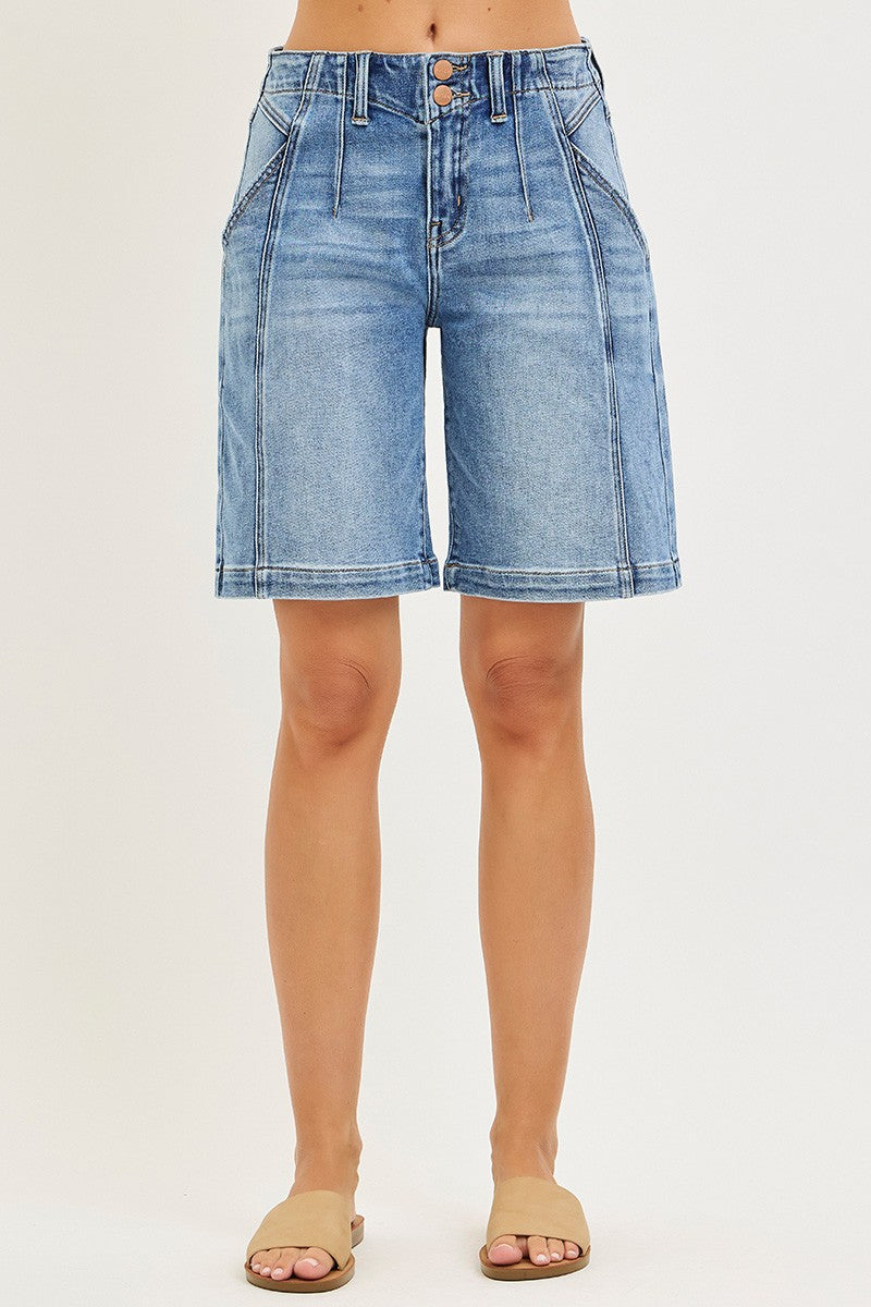 Medium-blue denim shorts, full back view with two-button waistband and relaxed legs