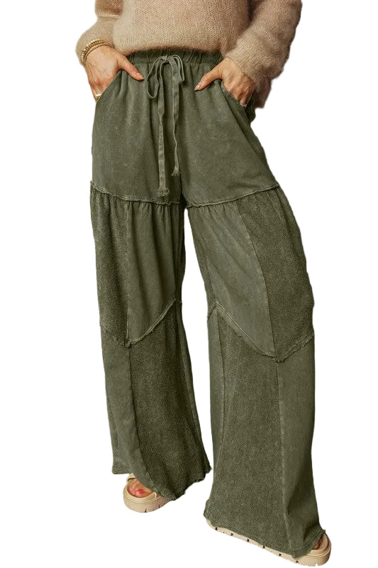 Mineral Wash Patchwork Tiered Wide Leg Pants, Women's - Tigbul's Variety Fashion Shop
