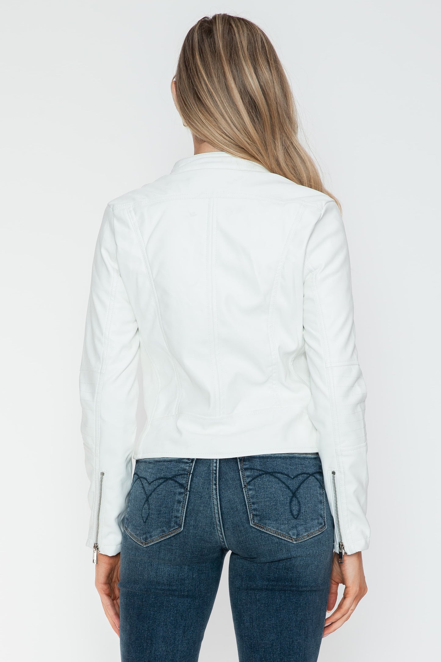 White PU Leather Zip Up Jacket with Pockets