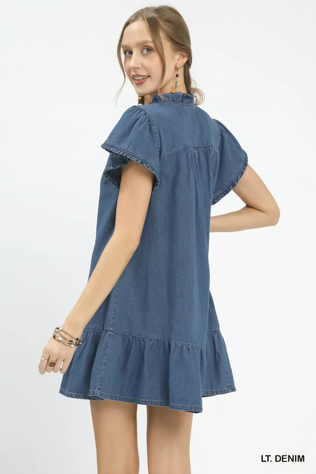 Washed denim ruffle dress, LT denim, gathered yoke, short flutter sleeves, tiered skirt
