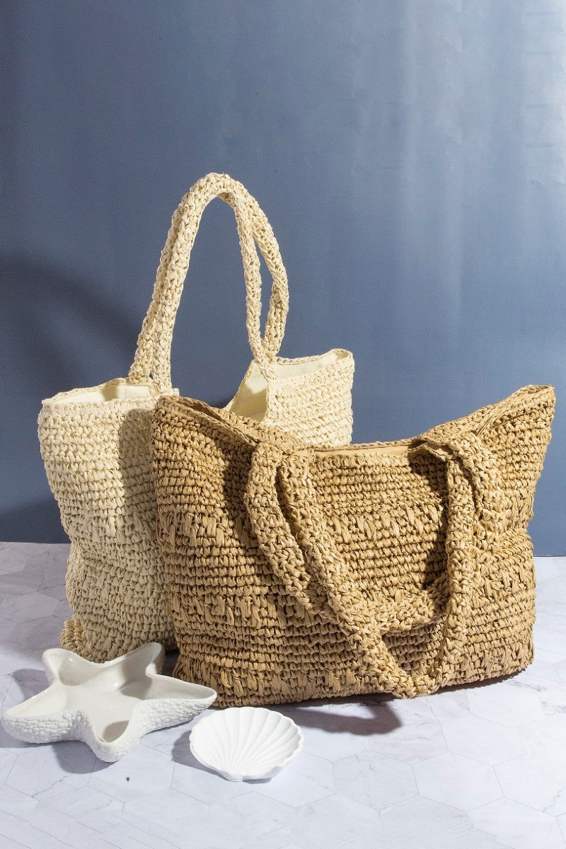 Straw braided square tote bag with side pockets and long woven handles