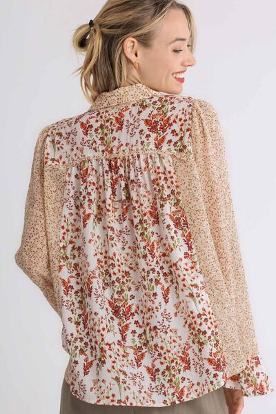 Off White Mixed Print Metallic Detail Long Ruffle Sleeve Button Down Shirt - Tigbul's Variety Fashion Shop