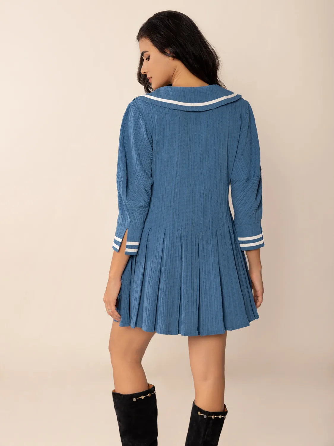 Tie Front Pleated Three-Quarter Sleeve Blue Mini Dress - Tigbul's Variety Fashion Shop