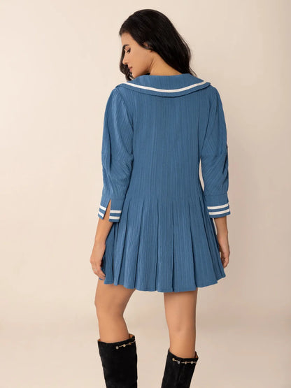 Tie Front Pleated Three-Quarter Sleeve Blue Mini Dress - Tigbul's Variety Fashion Shop