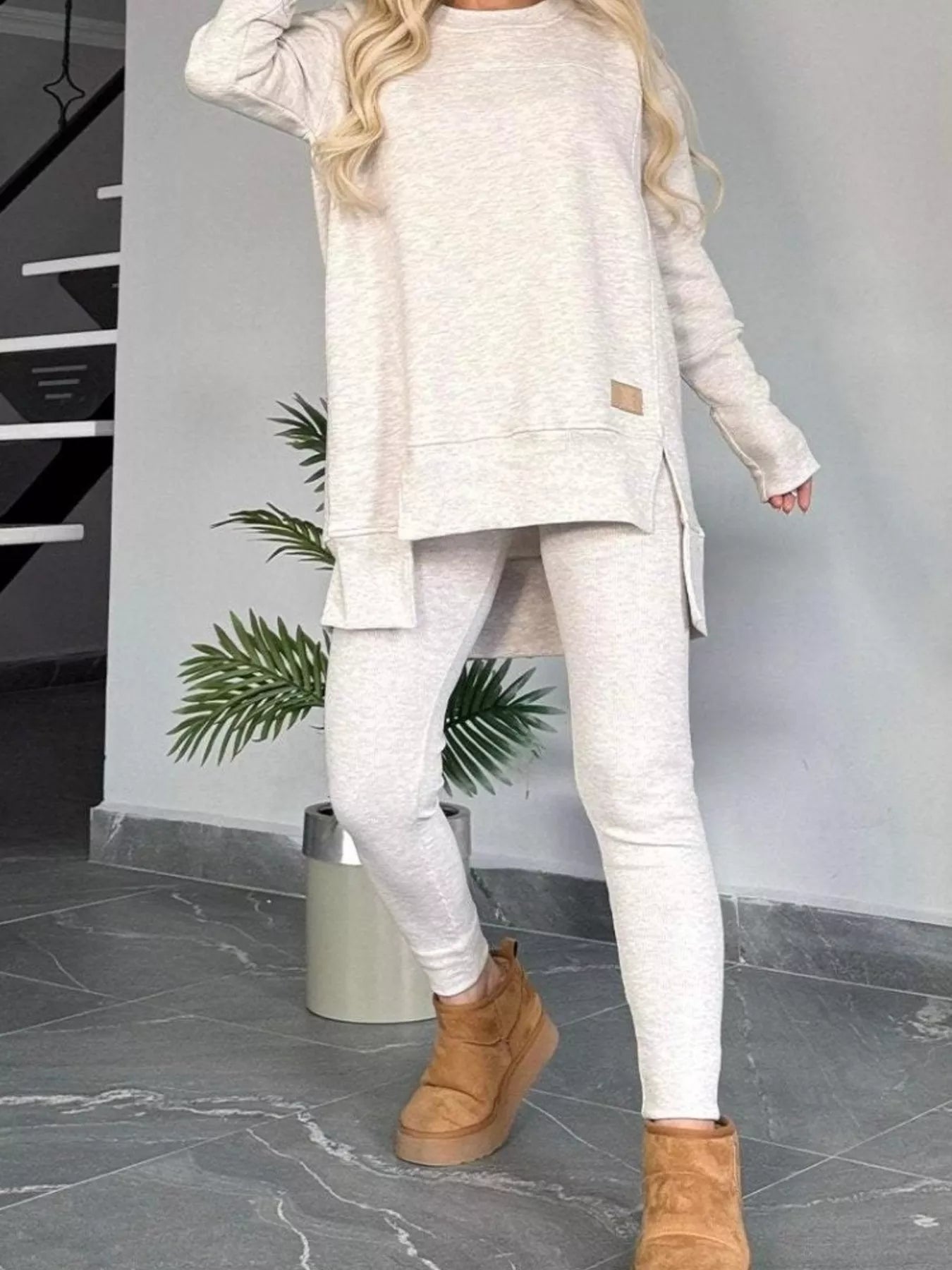 Full Size Slit Round Neck Top and Pants Set Plus Size - Tigbul's Variety Fashion Shop