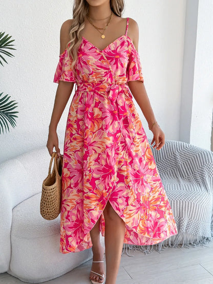 Printed Cold Shoulder Midi Cami Dress - Tigbul's Variety Fashion Shop