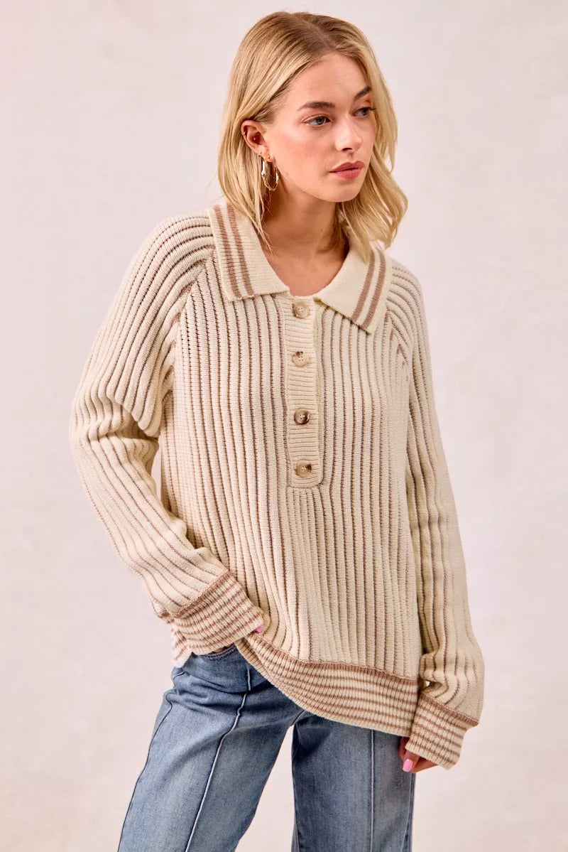 BiBi Half Button Ribbed Two Tone Sweater - Tigbul's Variety Fashion Shop
