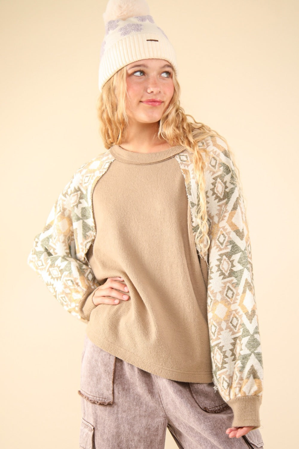 VERY J Printed Long Sleeve Round Neck Knit Top - Tigbul's Variety Fashion Shop