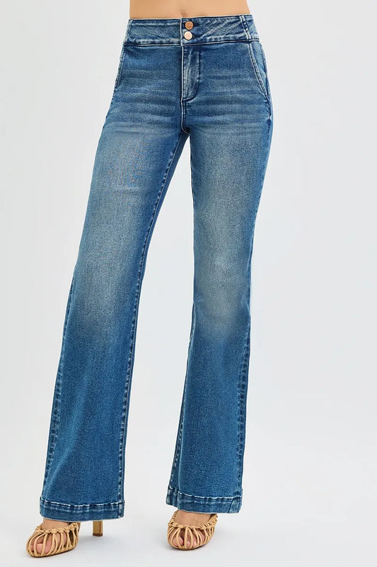 RISEN Full SIze Tummy Control High Rise Bootcut Jeans with Double Button Waistband Plus SIze - Tigbul's Variety Fashion Shop