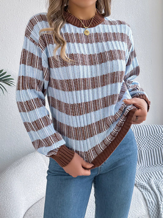 Striped Round Neck Long Sleeve Sweater - Tigbul's Variety Fashion Shop