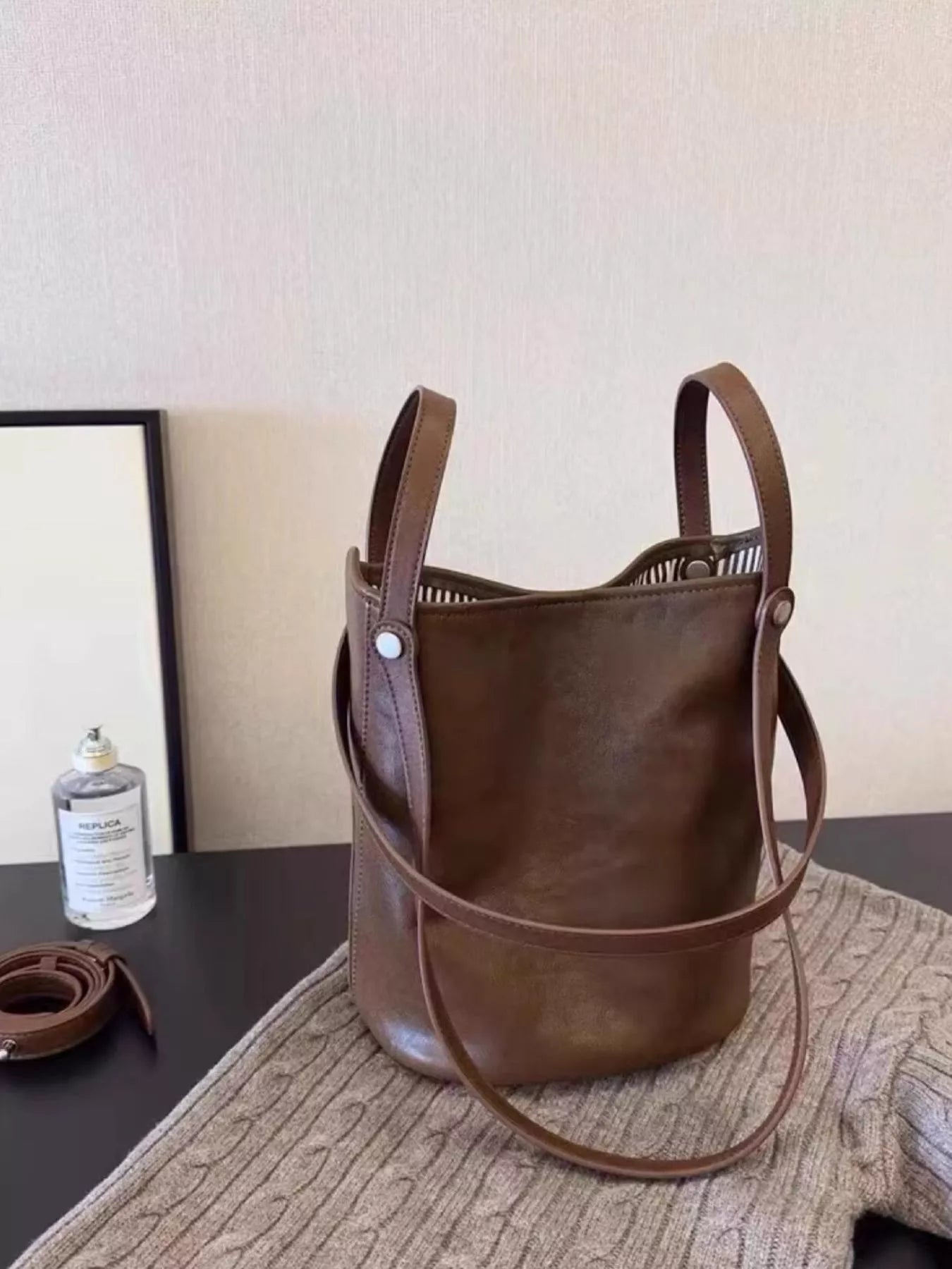 Brown Faux Leather Bucket Tote Bag - Tigbuls Variety Fashion Shop
