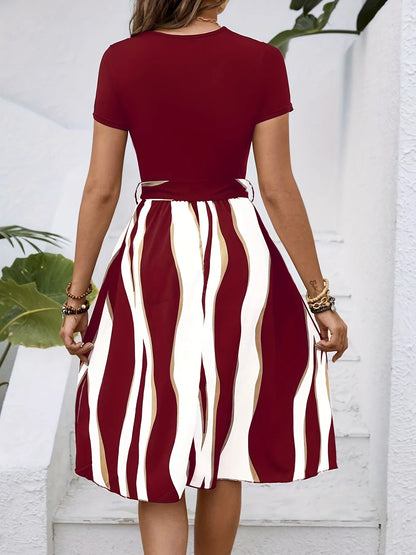 Striped Short Sleeve Tie Waist Dress - Tigbul's Variety Fashion Shop