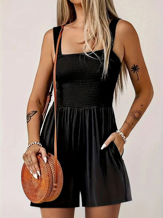Black Full Size Smocked Wide Strap Romper - Tigbul's Variety Fashion Shop